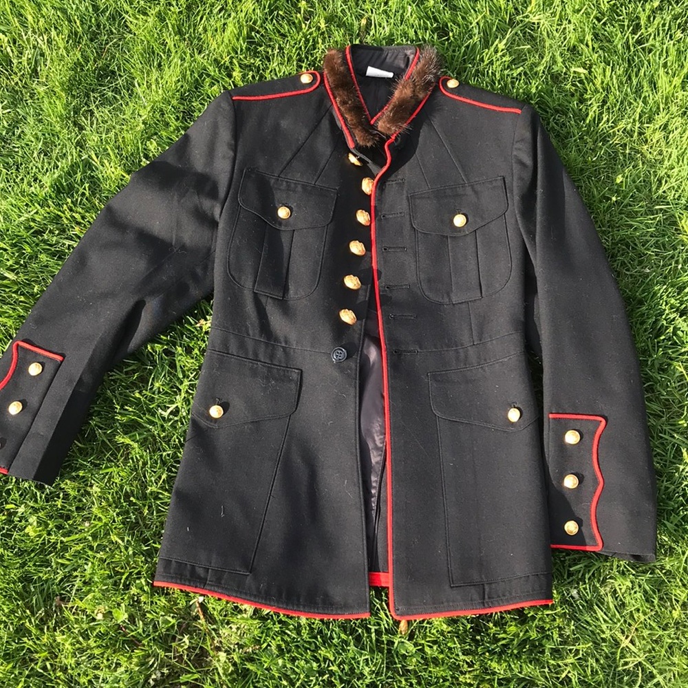 Custom navy coat with fur collar size s/m